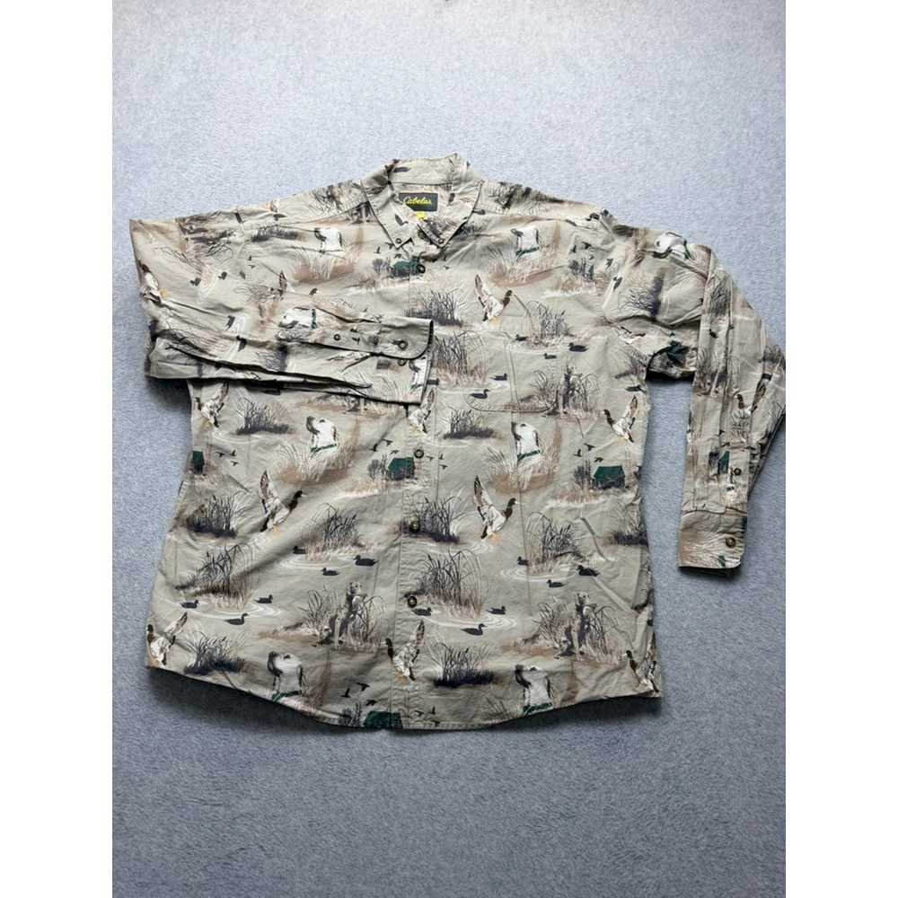 Cabelas Mens 2XL Duck Hunting Waterfowl Dog Print Cotton Button Down Shirt Tan